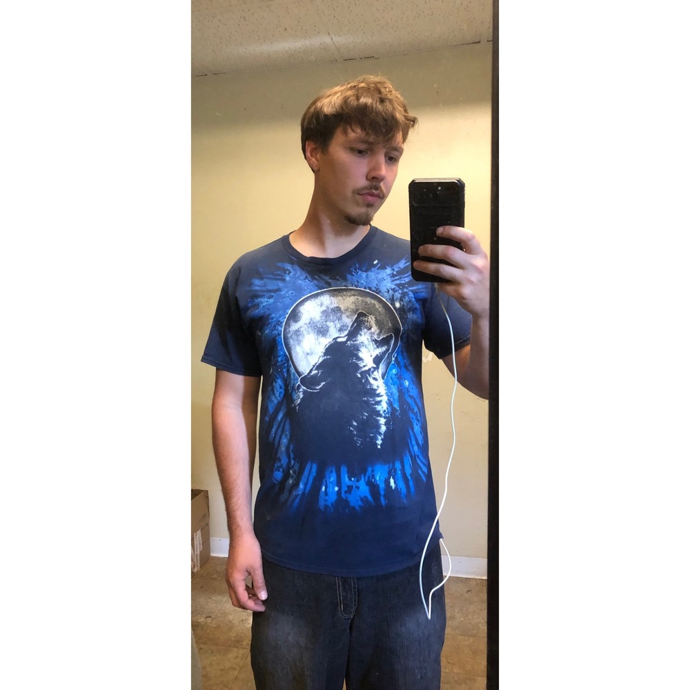 Howling Wolf Full Moon Graphic T-Shirt Blue Tie Dye Men Large Faded Distressed